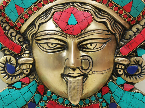 10" Brass Wall Hanging Goddess Kali Face with Inlay Work