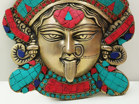 10" Brass Wall Hanging Goddess Kali Face with Inlay Work