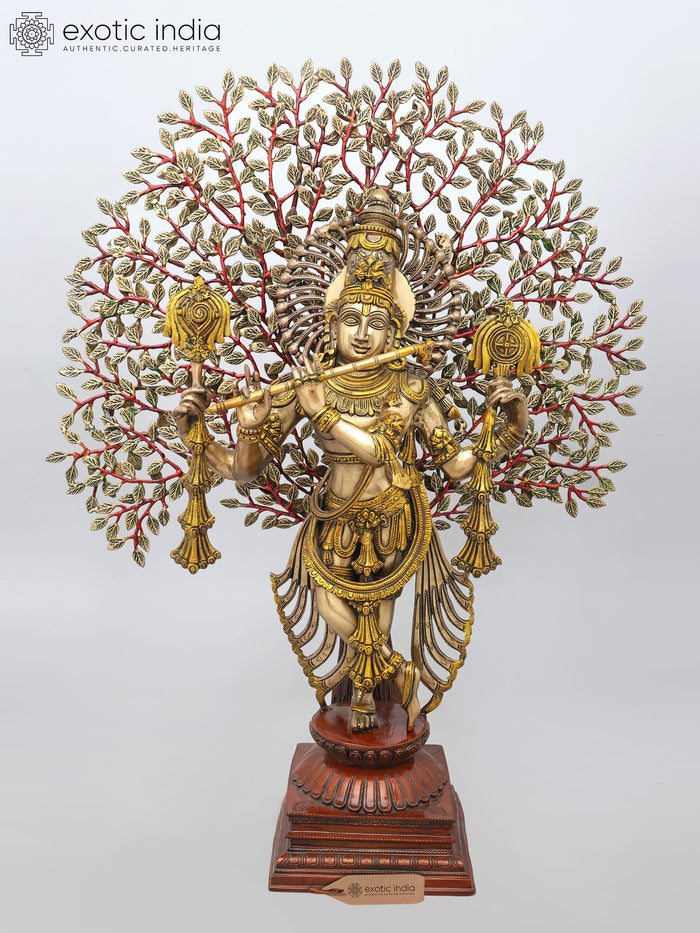 37" Large Brass Lord Krishna Playing Flute Under The Tree
