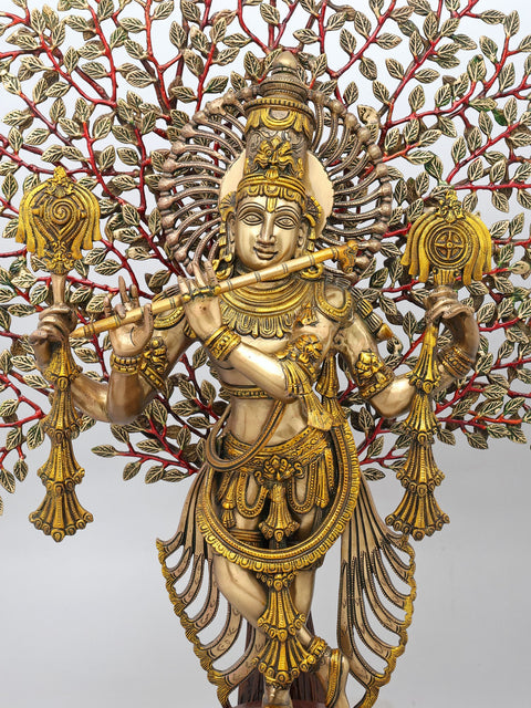 37" Large Brass Lord Krishna Playing Flute Under The Tree