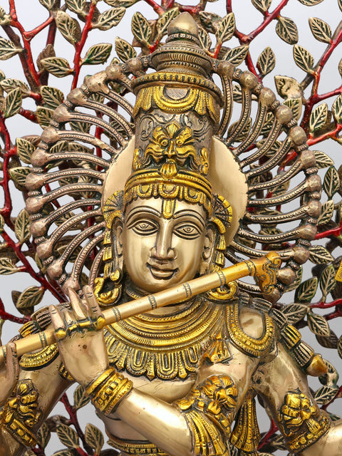 37" Large Brass Lord Krishna Playing Flute Under The Tree