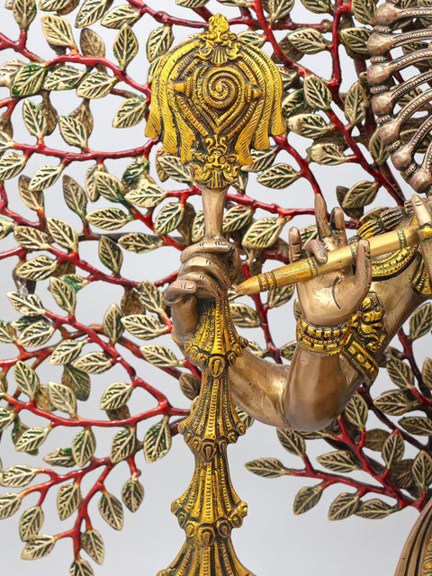37" Large Brass Lord Krishna Playing Flute Under The Tree