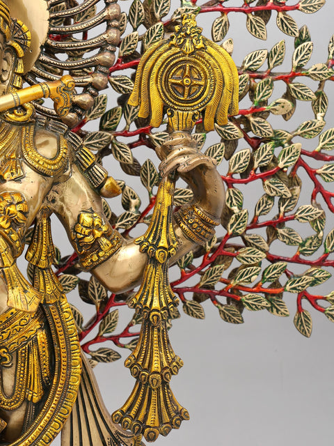 37" Large Brass Lord Krishna Playing Flute Under The Tree
