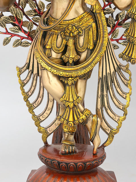 37" Large Brass Lord Krishna Playing Flute Under The Tree