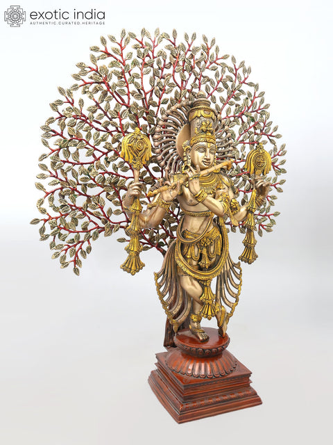 37" Large Brass Lord Krishna Playing Flute Under The Tree
