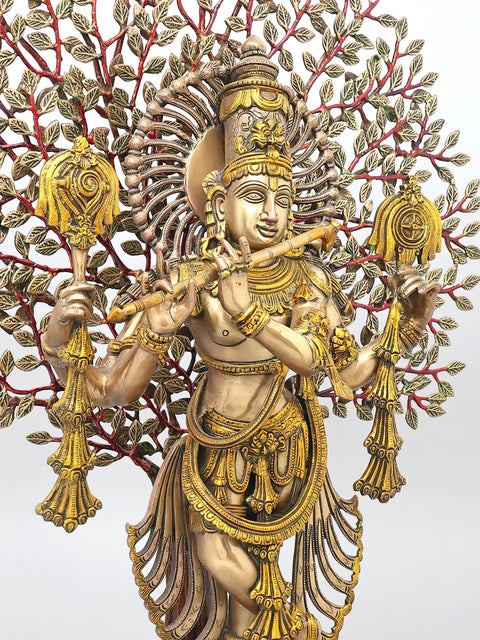 37" Large Brass Lord Krishna Playing Flute Under The Tree