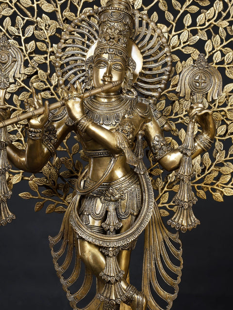 37" Large Brass Lord Krishna Playing Flute Under a Tree