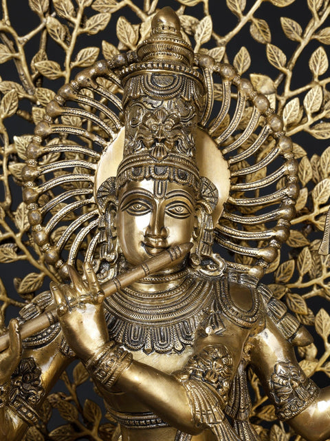 37" Large Brass Lord Krishna Playing Flute Under a Tree