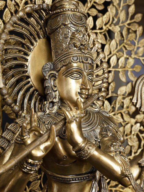 37" Large Brass Lord Krishna Playing Flute Under a Tree
