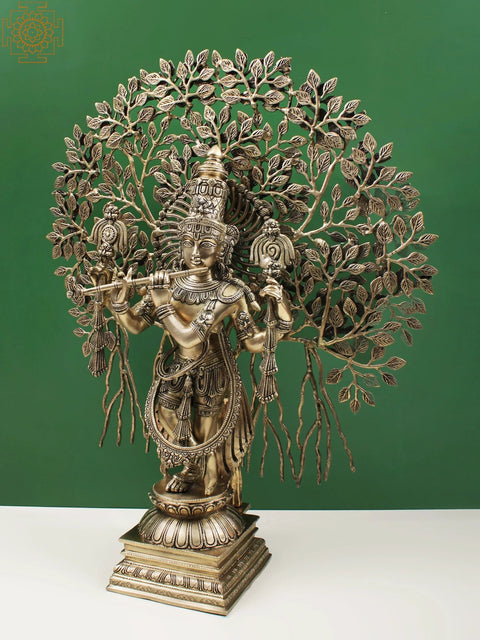 29" Brass Lord Krishna Playing Flute Under a Tree