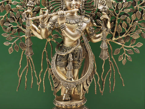 29" Brass Lord Krishna Playing Flute Under a Tree