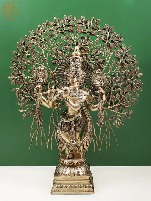 29" Brass Lord Krishna Playing Flute Under a Tree