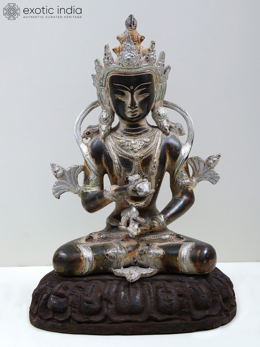 12" Brass Vajrasattva Tibetan Buddhist Deity Statue with Wooden Pedestal