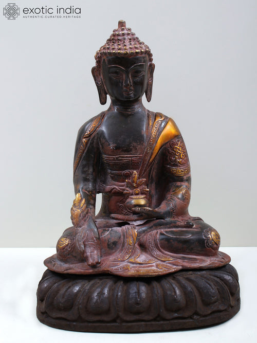 11" Brass Medicine Buddha Statue with Wooden Pedestal
