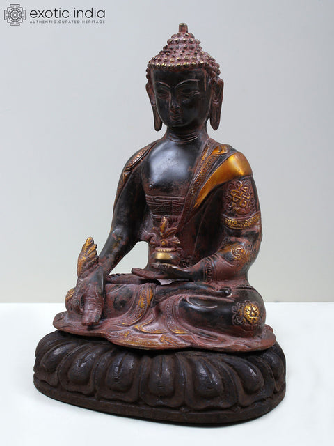 11" Brass Medicine Buddha with Wooden Pedestal