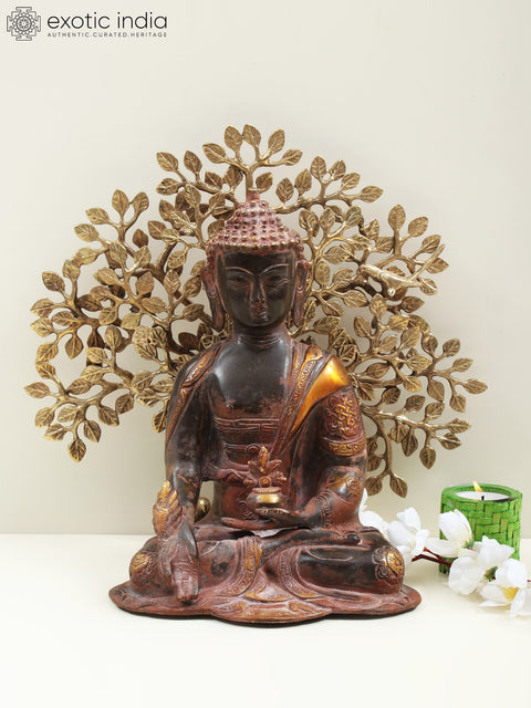 11" Brass Medicine Buddha with Wooden Pedestal