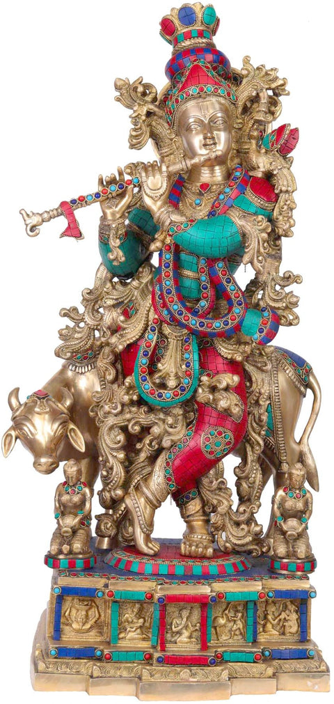 28" Murlidhar Krishna with His Cow in Brass | Handmade | Made in India
