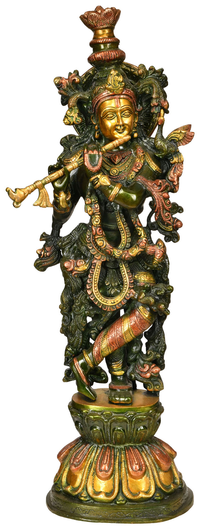 24" Handmade Fluting Krishna Brass Statue