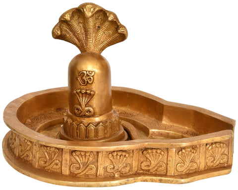 12" Brass Shiva Linga Idol with Shiva's Snakes Crowning It | Handmade Brass Statue | Made in India