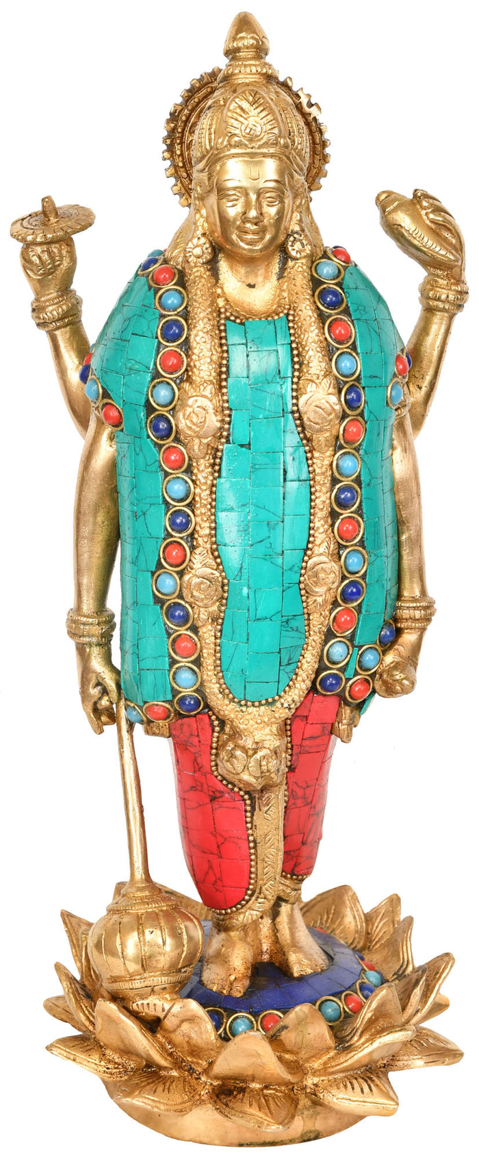 12" Standing Lord Vishnu on Lotus Pedestal Brass Statue Handmade