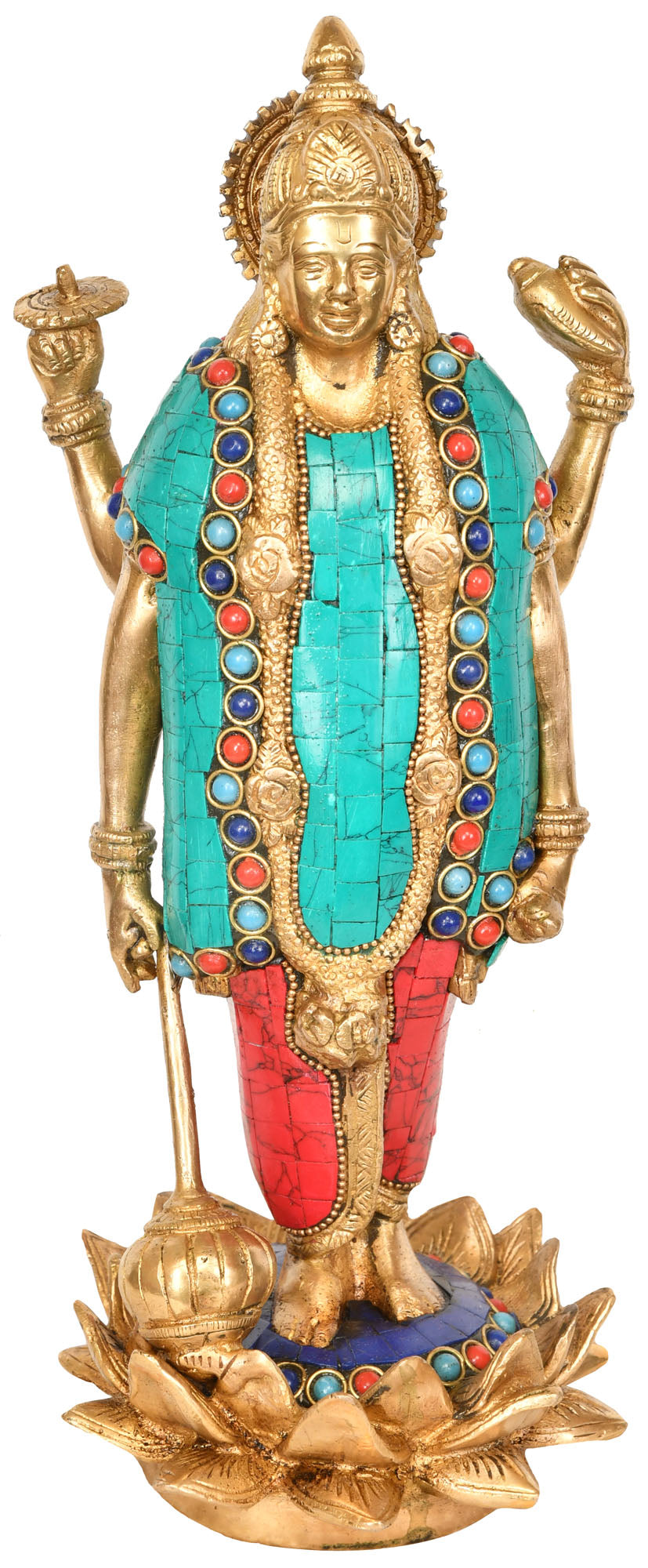 12" Standing Lord Vishnu on Lotus Pedestal Brass Statue Handmade