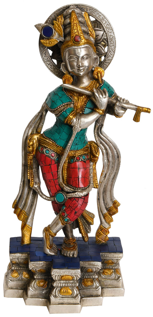 12" Handmade Krishna Playing Flute Brass Statue