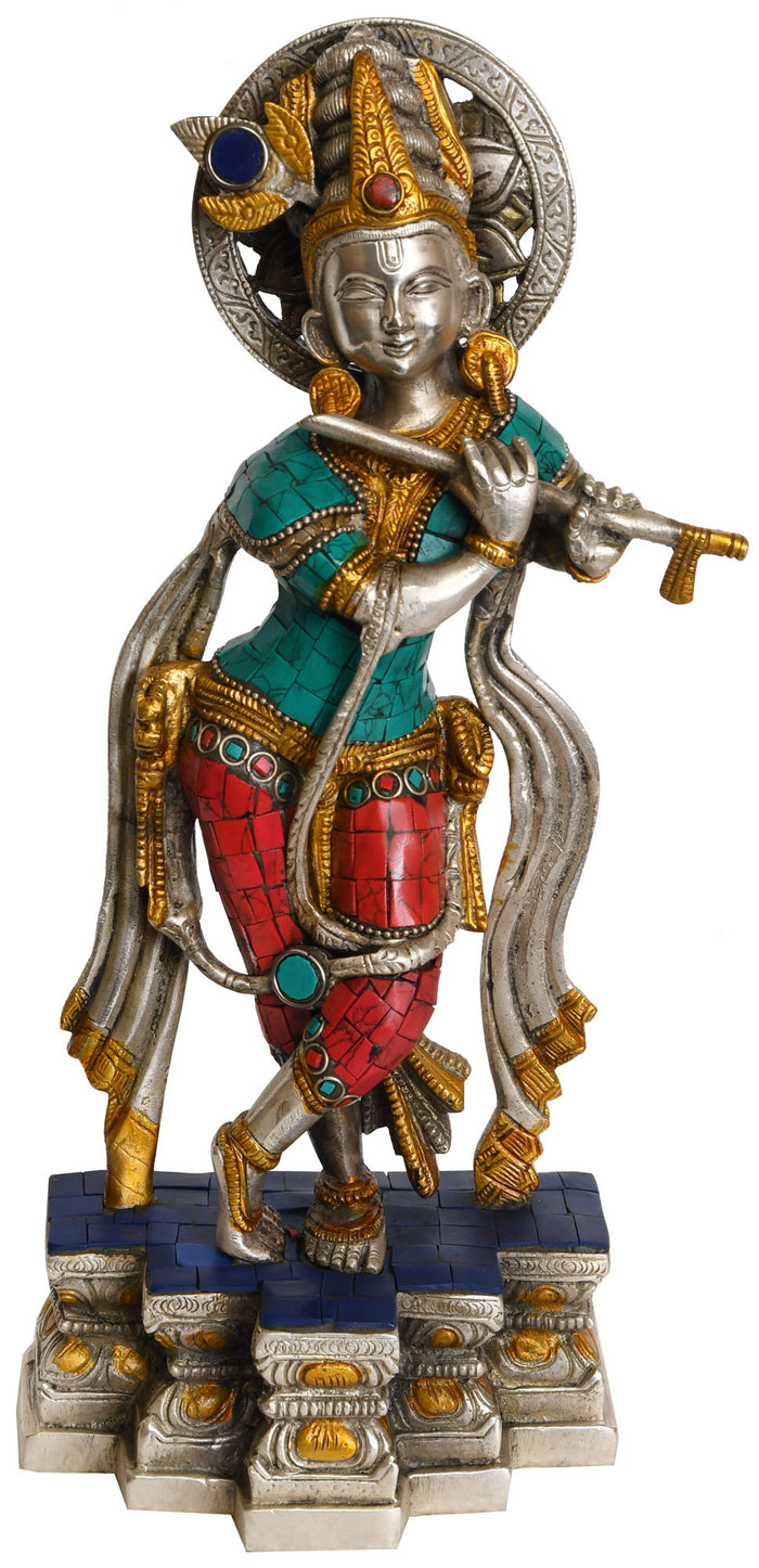 12" Handmade Krishna Playing Flute Brass Statue