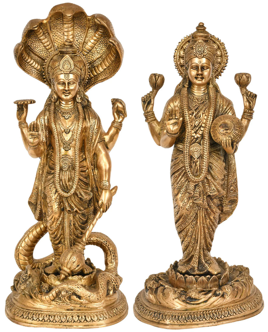17" Lord Vishnu and Goddess Lakshmi Brass Statue Handmade
