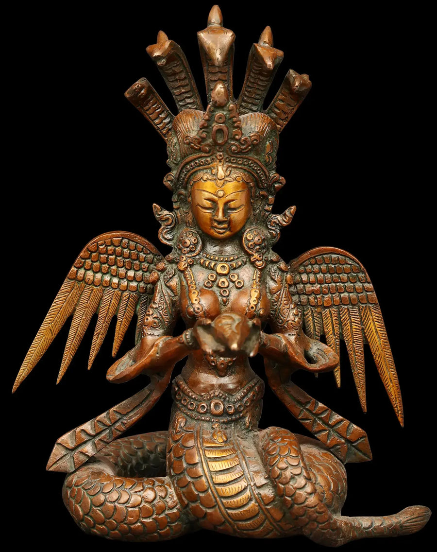 8" Naga Kanya Brass Statue - Handcrafted Snake Woman Idol