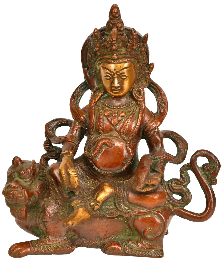 6" Kubera on Lion Handmade Brass Statue for Wealth Prosperity