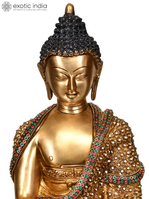 16" Beautifully Ornamented Lord Buddha in Bhumisparsha Mudra (Tibetan Buddhist) In Brass | Handmade | Made In India