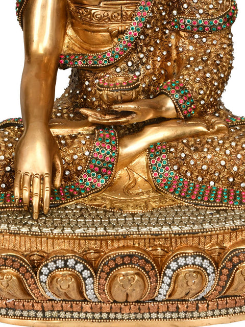 16" Beautifully Ornamented Lord Buddha in Bhumisparsha Mudra (Tibetan Buddhist) In Brass | Handmade | Made In India