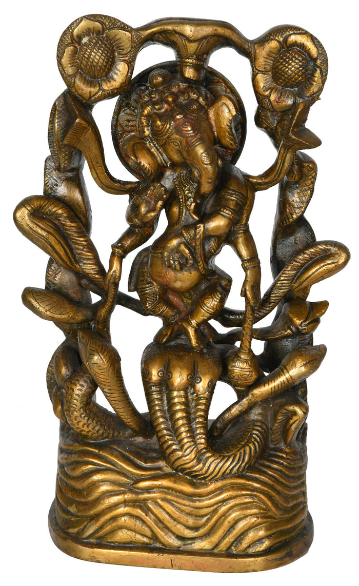 9" Lord Ganesha Dancing on Sheshanaga In Brass | Handmade | Made In India