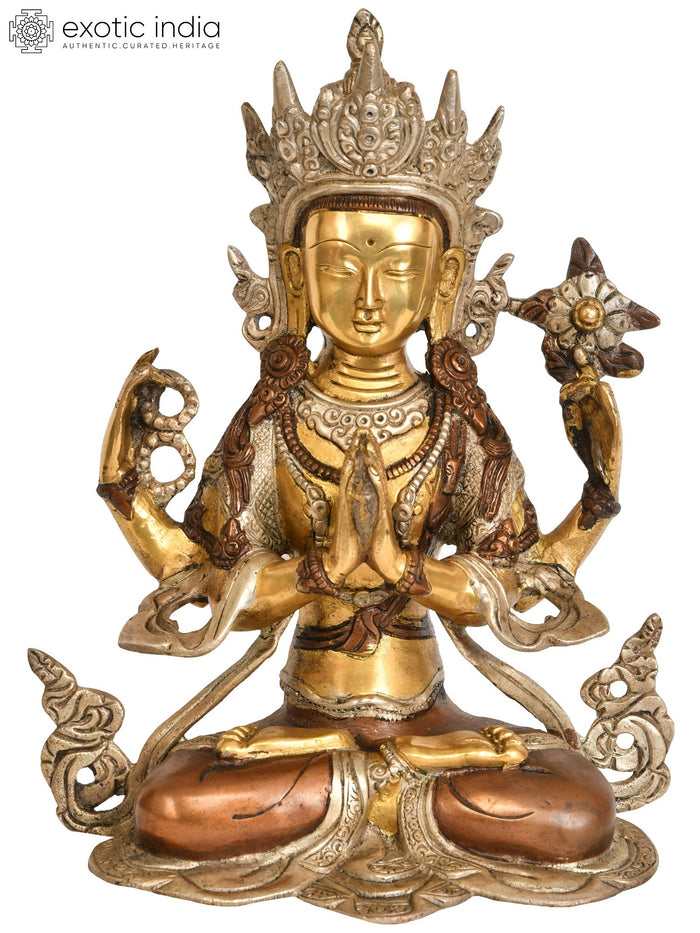 10" Four Armed Chenrezig Brass Statue Handmade