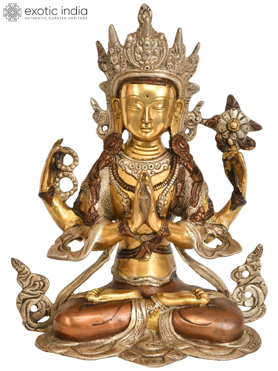 10" Four Armed Chenrezig Brass Statue Handmade