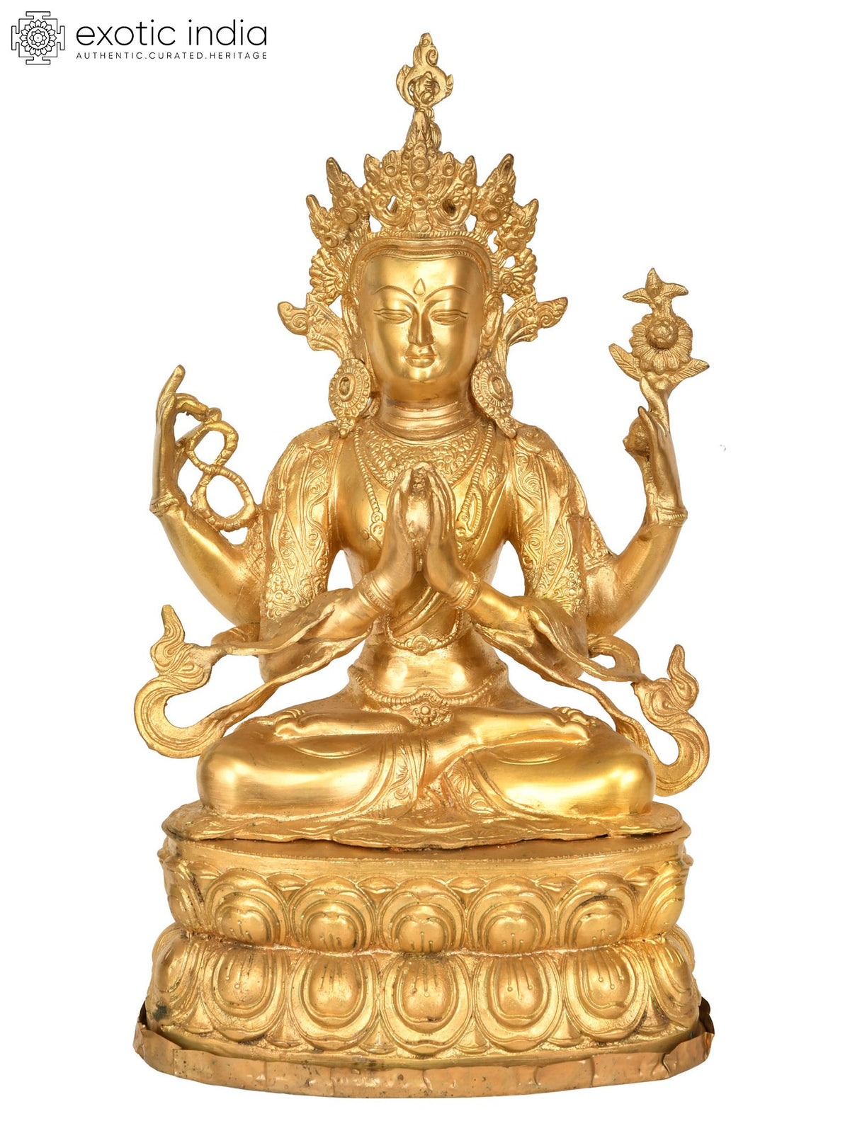 17" Tibetan Buddhist Four Armed Avalokiteshvara In Brass | Handmade | Made In India
