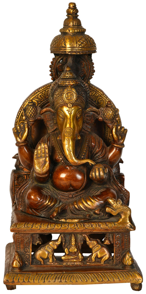 13" Lord Ganesha Seated on Throne with Gajalakshmi on Base In Brass | Handmade | Made In India