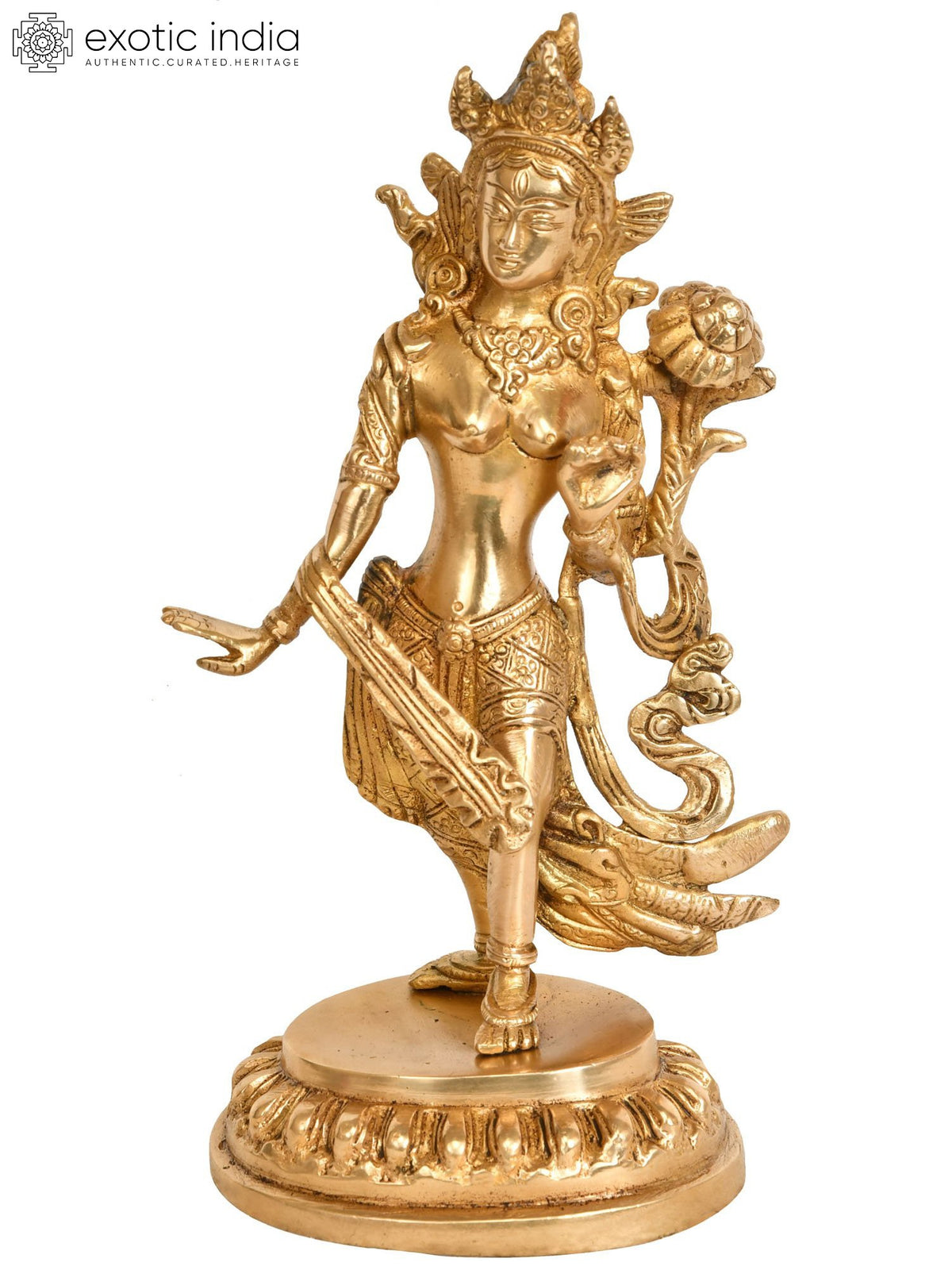 8" Tibetan Buddhist Goddess Standing Tara In Brass | Handmade | Made In India