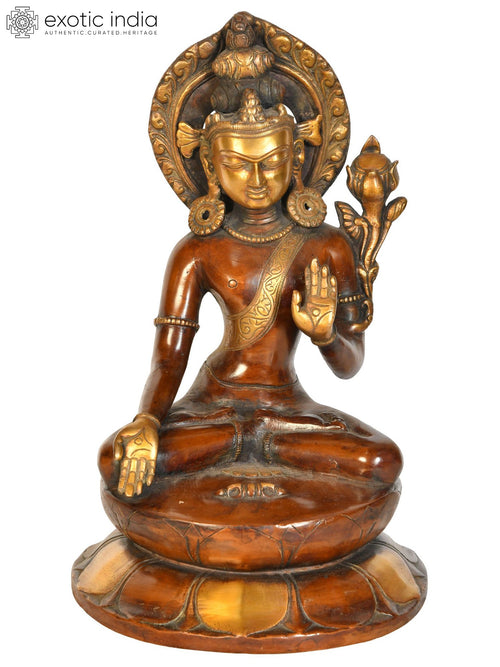 12" Brass Crown Buddha in Varada Mudra with Dorje Handmade Statue