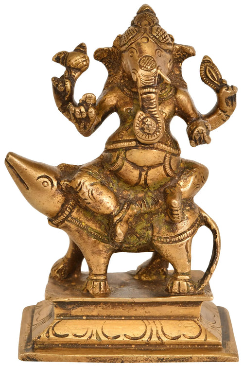 4" Brass Lord Ganesha Seated on Rat Handmade Statue
