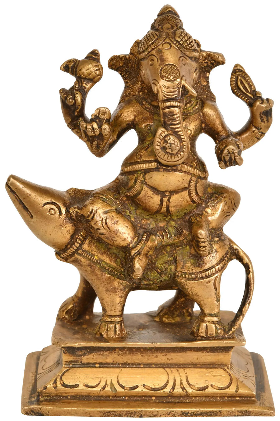 4" Brass Lord Ganesha Seated on Rat Handmade Statue
