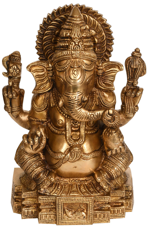 10" Chaturbhuja Ganesha Brass Idol Handmade