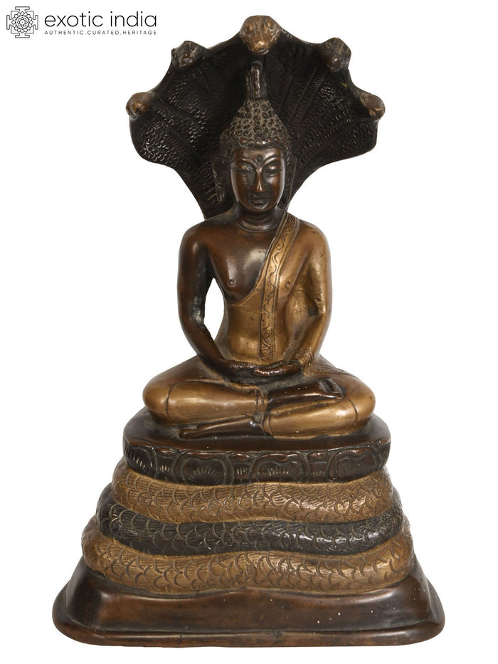 11" Handmade Muchalinda Buddha Brass Statue