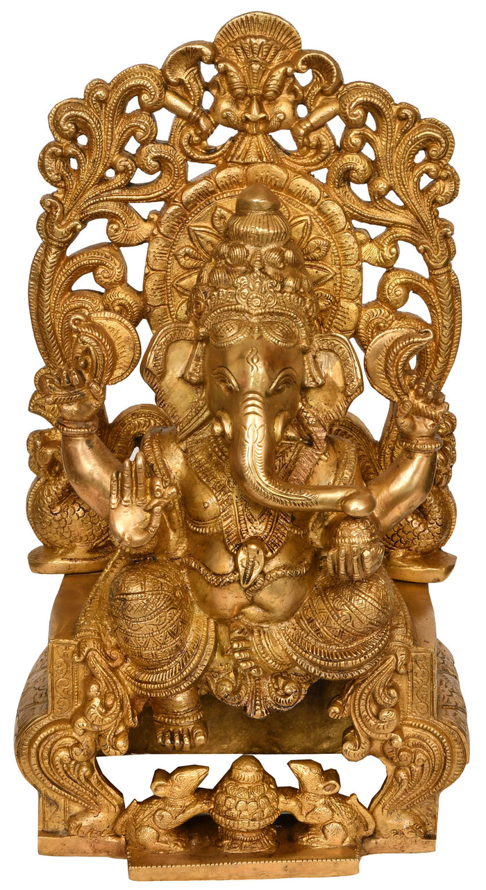 13" Handmade Ganesha Throne Brass Statue for Home Pooja