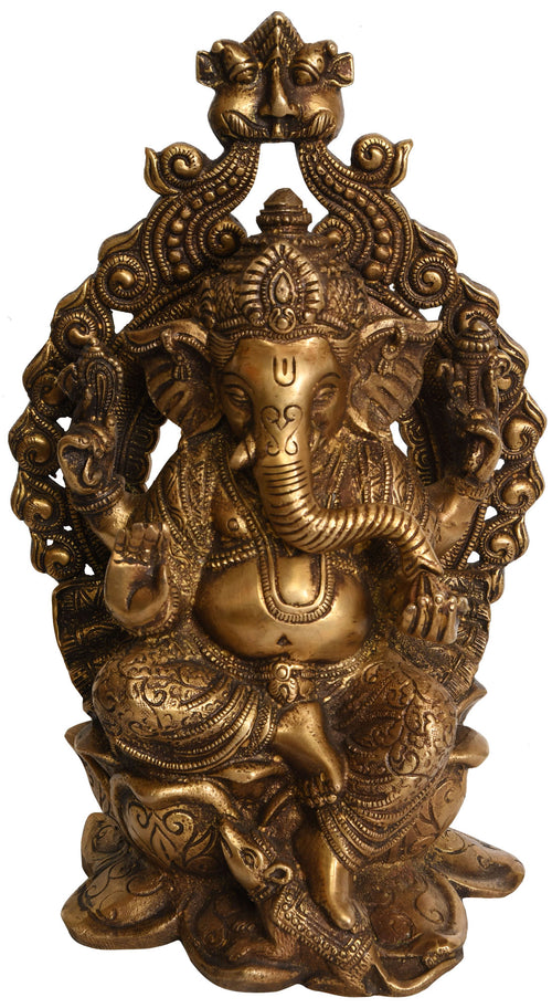 11" Lord Ganesha Seated on Lotus Throne Brass Statue Handmade