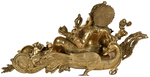16" Ganesha Seated on Mayur Recliner - Large Size In Brass | Handmade | Made In India