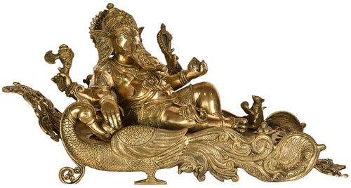 16" Brass Ganesha Seated on Peacock Recliner Statue Handmade