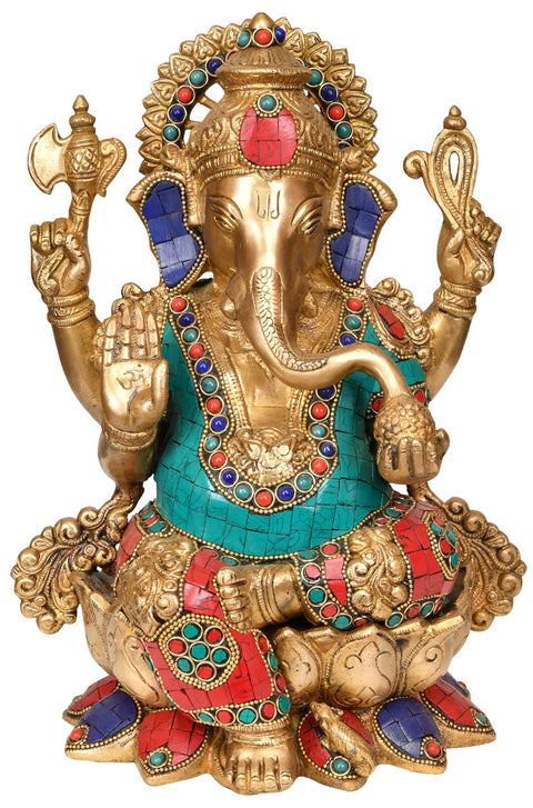 12" Ashirwad Ganesha Idol with Trishul Mark on Forehead | Handmade Brass Statue | Made in India