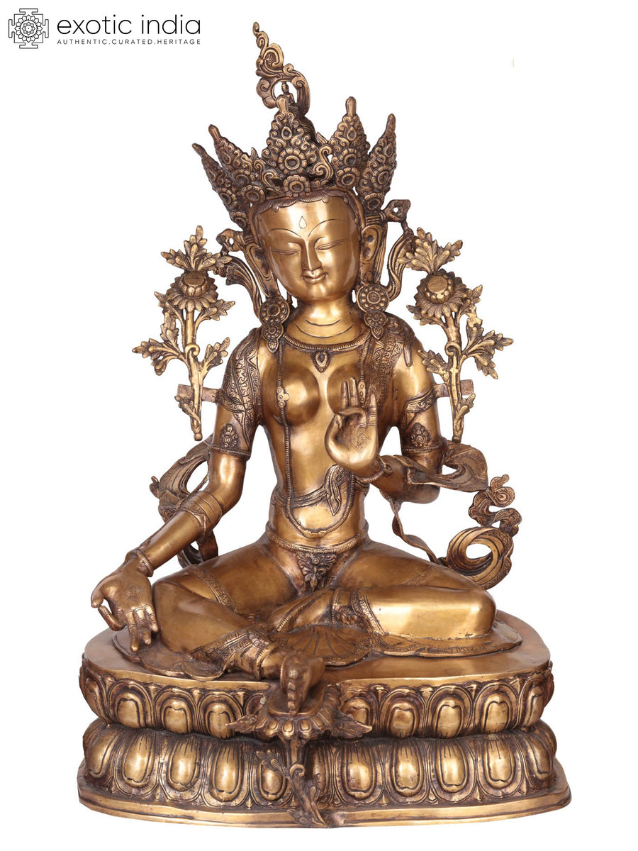 34" Large Green Tara Brass Statue Handmade Tibetan Buddhist Deity
