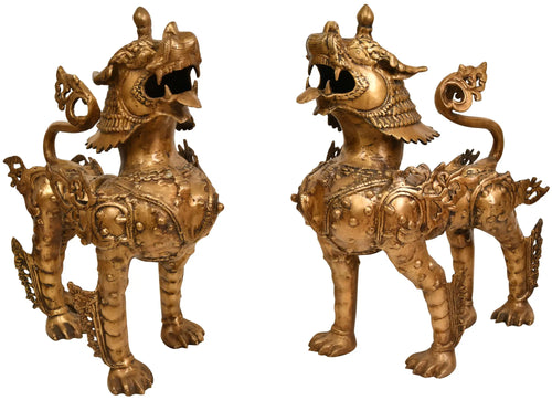 Large Size Nepalese Temple Lions Brass Statue